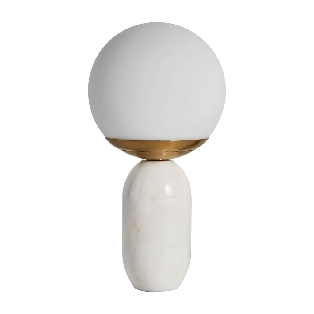 Art Deco Tischlampe aus Stahl und Glaskugel in Weiß und Gold. 