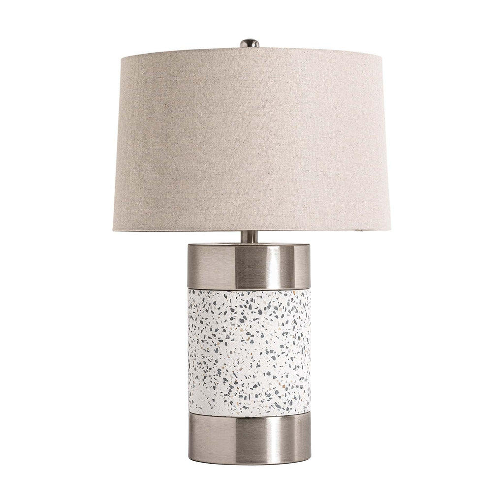Handgefertigte Art Deco Tischlampe aus weißem Stein mit silbernem Metallsockel

