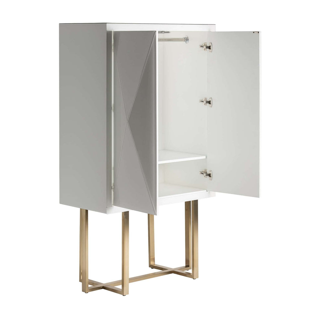 Weisser Hochschrank aus Kristallglas mit zwei Türen und Stahlbeinen in Gold - Maison Oudh