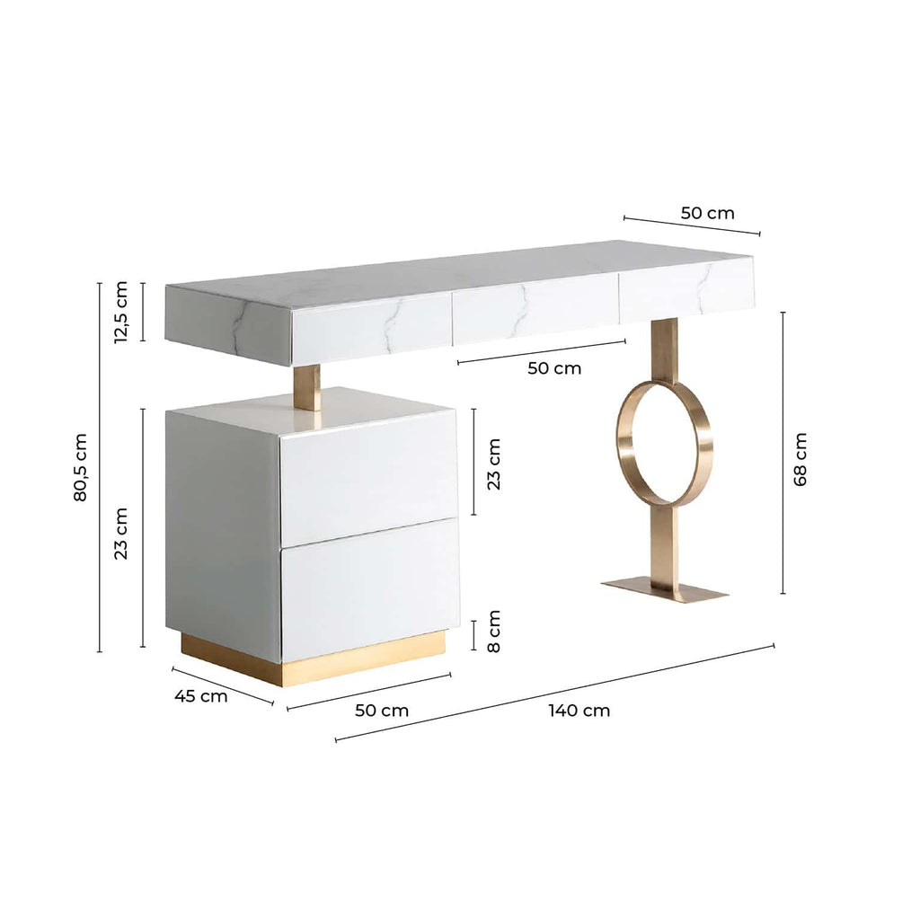 Weisser Schreibtisch aus Glas in Marmoroptik mit goldenen Elementen - Maison Oudh
