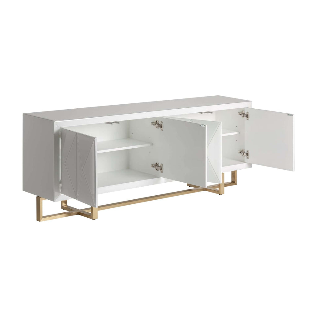 Weisses TV Board aus Spiegelglas kombiniert mit einem goldenen Gestell aus Stahl - Maison Oudh