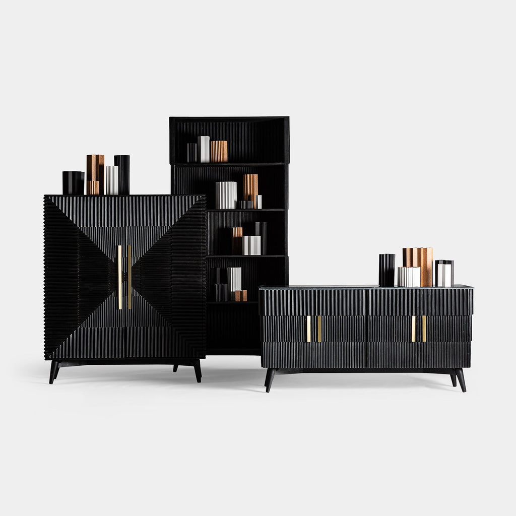 Zweitüriger Designer Schrank Plisse aus Mangoholz in Schwarz - Maison Oudh
